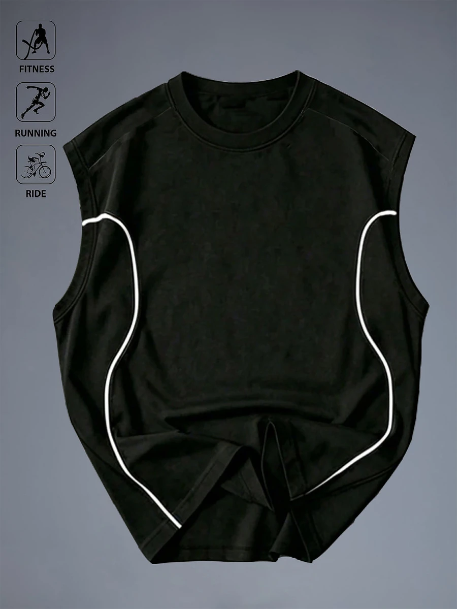 Sport MetroGents Tank Top Tanpa Lengan Bermotif untuk Pria, Desain Tali Lebar, Cocok untuk Pakaian Liburan dan Olahraga - Hitam - View 1