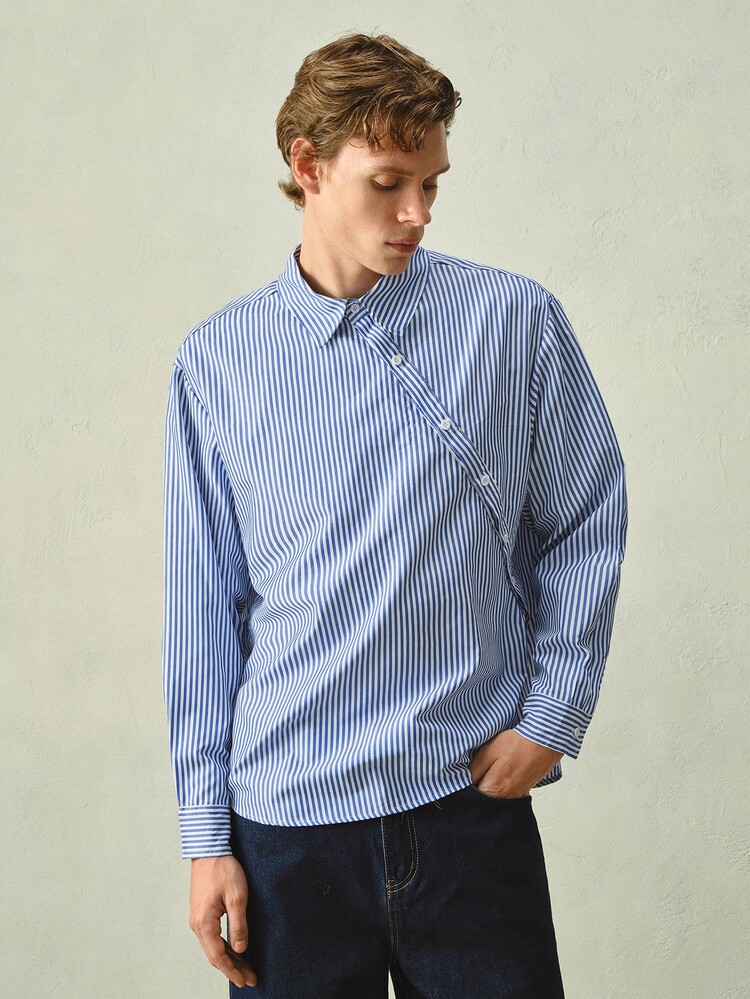 RONVEXI Old Money Men's Casual Streetwear Office Work Blue And White Stripe Long Sleeve Formal Structural Edition Shirt, Style, Couple Outfit, Autumn - Blue and White - View 3