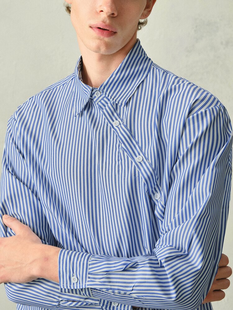 RONVEXI Old Money Men's Casual Streetwear Office Work Blue And White Stripe Long Sleeve Formal Structural Edition Shirt, Style, Couple Outfit, Autumn - Blue and White - View 6