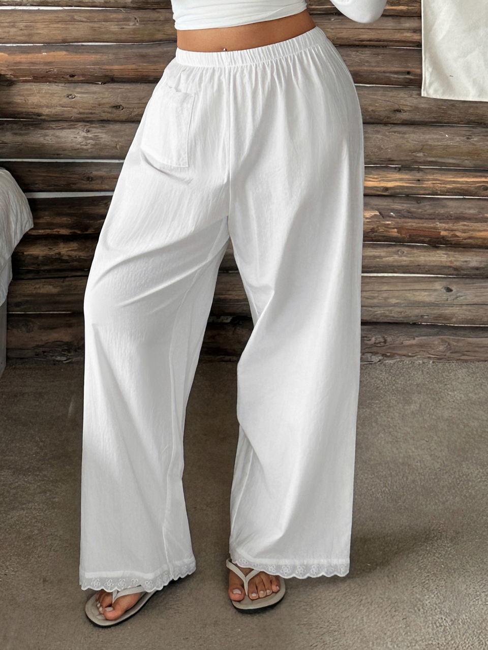 Dazy Plus Elastic Waist Lace Trim Versatile White Pajama Pants For Spring, Summer, Autumn