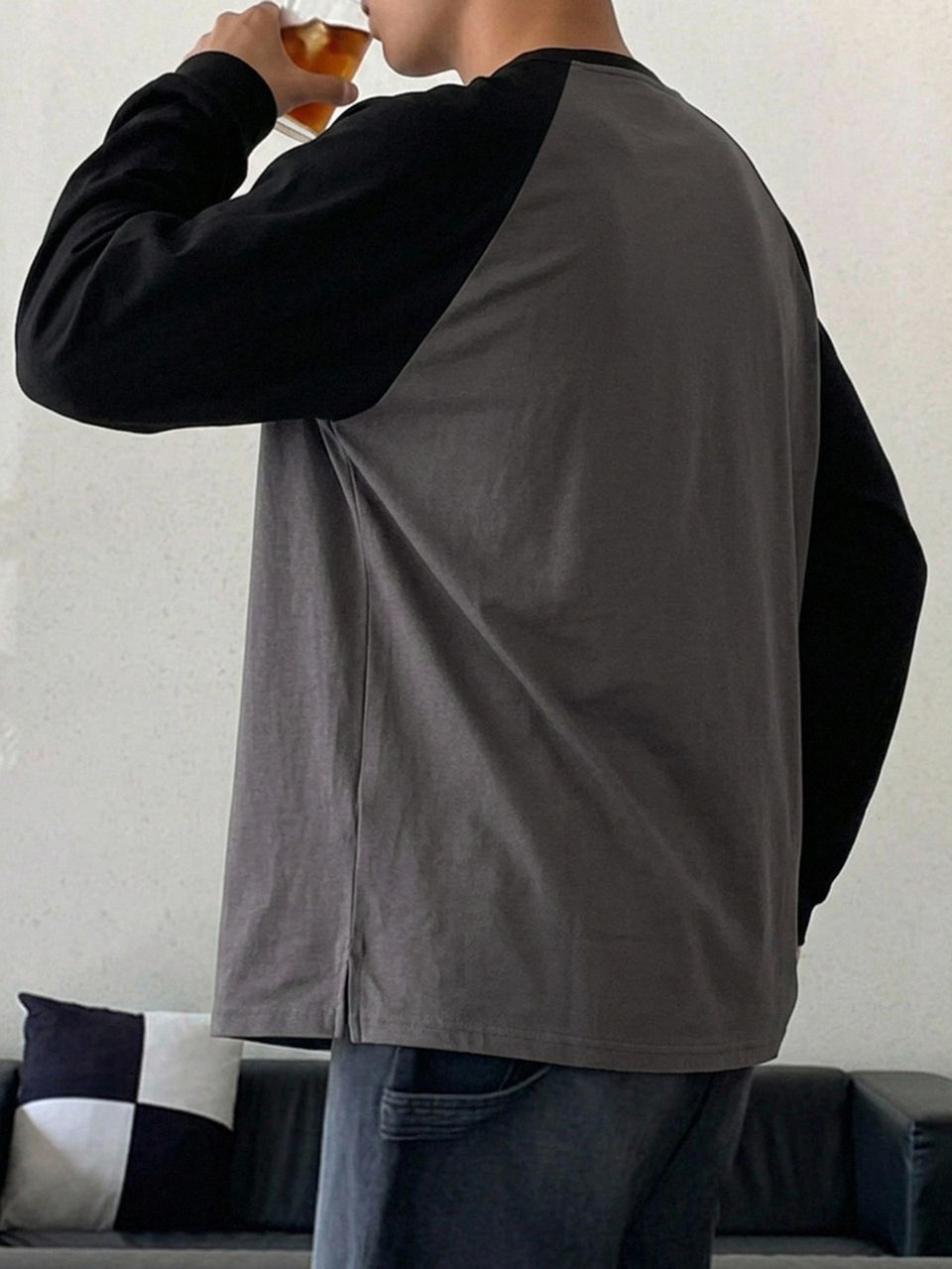 Spring/Autumn Black & Dark Grey Raglan Sleeve Colorblock Korean Style Men's Long Sleeve T-Shirt