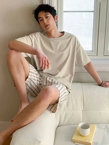 DAZY Men's Summer T-Shirt And Striped Shorts Pajama Set - Multicolor - View 1