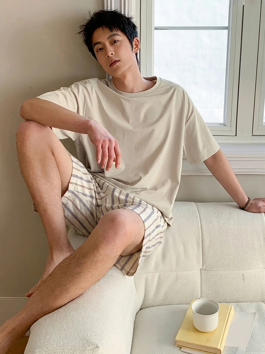 DAZY Men's Summer T-Shirt And Striped Shorts Pajama Set - Multicolor - View 1