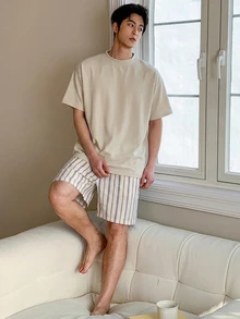 DAZY Men's Summer T-Shirt And Striped Shorts Pajama Set - Multicolor - View 4