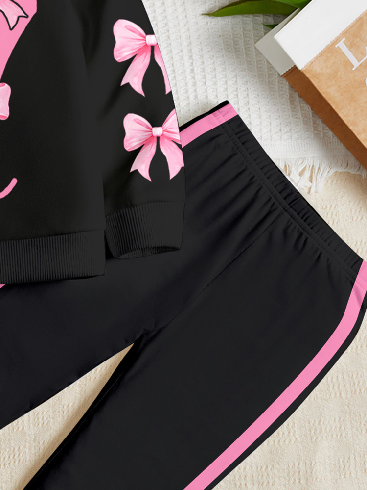 Young Girl Casual Cool Number 67, Bow Pattern, Cool Black & Pink Patchwork, Crew Neck Long Sleeve Sweatshirt & Leggings 2 Pieces Set, Suitable For Autumn/Winter, Vintage, Kawaii, Cozy Fall & Winter Styles - Multicolor - View 6