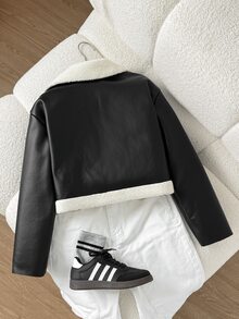 SHEIN 青少年女孩外套 秋冬街頭風 PU複合材質保暖內裡拼色翻領機車夾克，適合秋冬日常穿著 - 黑色 - 查看 4