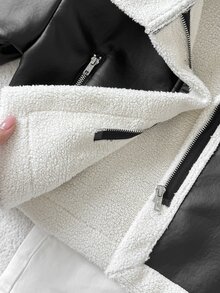 SHEIN 青少年女孩外套 秋冬街頭風 PU複合材質保暖內裡拼色翻領機車夾克，適合秋冬日常穿著 - 黑色 - 查看 8