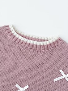 SHEIN 女童針織拼色圓領3D蝴蝶結休閒毛衣＋長褲秋季兩件套 - 彩色 - 查看 6