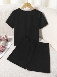 Elladie kids Conjunto de 2 piezas para adolescentes, camiseta ajustada de manga corta y cuello redondo, shorts elásticos de cintura alta, estilo casual Play Boy streetwear, color negro, verano, Bottle Girl - Negro - Ver 3