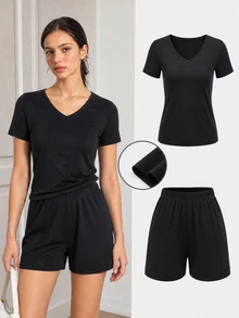 Elladie kids Conjunto de 2 piezas para adolescentes, camiseta ajustada de manga corta y cuello redondo, shorts elásticos de cintura alta, estilo casual Play Boy streetwear, color negro, verano, Bottle Girl - Negro - Ver 2