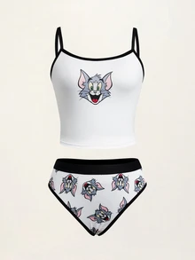 TOM & JERRY X SHEIN Women's Cartoon Print Camisole Style Lingerie Set - White - View 1
