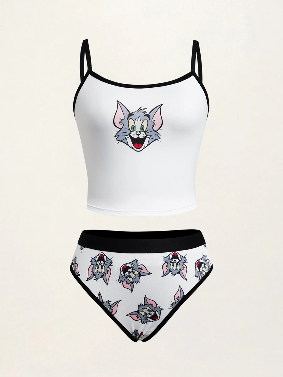 TOM & JERRY X SHEIN Women's Cartoon Print Camisole Style Lingerie Set - White - View 1