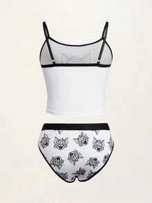 TOM & JERRY X SHEIN Women's Cartoon Print Camisole Style Lingerie Set - White - View 7