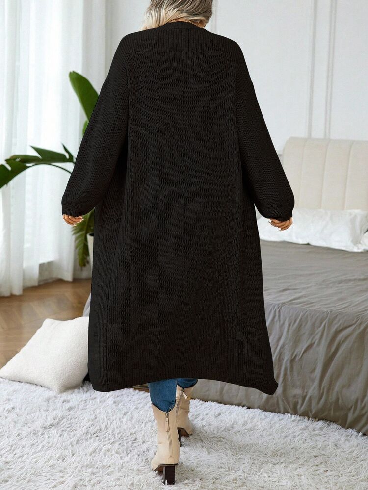 Elenzga Plus Size Solid Color Cardigan With Long Sleeves & Pockets, Casual Daily Wear, For Winter Fall Cloth For Women Autumn - Black - View 9