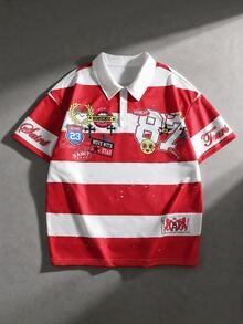 ROMWE MEN Street Life 青少年男孩拼色字母印花休閒日常短袖 Polo 衫 - 紅色 - 查看 1