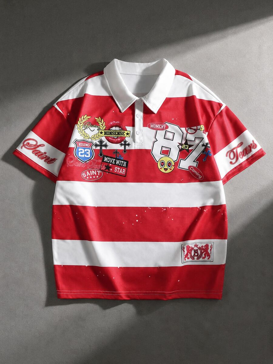 ROMWE MEN Street Life 青少年男孩拼色字母印花休閒日常短袖 Polo 衫 - 紅色 - 查看 1