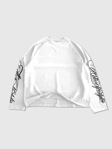 ROMWE MEN Street Life Long Sleeve T-Shirt, Slogan Print On Sleeves, Streetwear, Sporty, Casual - White - View 1
