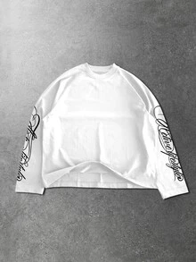 ROMWE MEN Street Life Long Sleeve T-Shirt, Slogan Print On Sleeves, Streetwear, Sporty, Casual - White - View 5