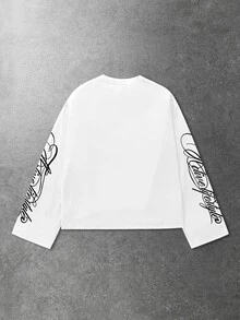 ROMWE MEN Street Life Long Sleeve T-Shirt, Slogan Print On Sleeves, Streetwear, Sporty, Casual - White - View 2