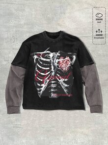 ROMWE MEN Casual Men's Colorblock Patchwork Skeleton Print T-Shirt - Multicolor - View 4