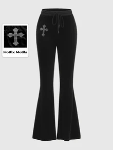 ROMWE Goth Cross Pattern Drawstring Waist Velvet Flare Leg Pants, School - Black - View 1