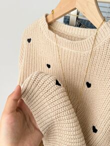 SHEIN Tween Girls Sweater Autumn/Winter Tween Girl New Apricot Heart Pattern Bow Decor Crew Neck Pullover - Apricot - View 7