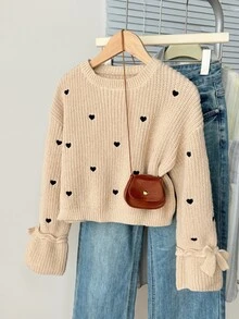 SHEIN Tween Girls Sweater Autumn/Winter Tween Girl New Apricot Heart Pattern Bow Decor Crew Neck Pullover - Apricot - View 4