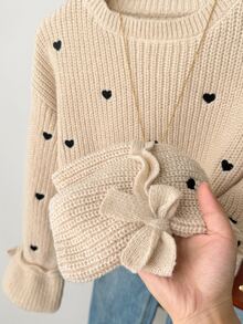 SHEIN Tween Girls Sweater Autumn/Winter Tween Girl New Apricot Heart Pattern Bow Decor Crew Neck Pullover - Apricot - View 6