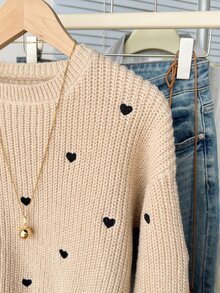 SHEIN Tween Girls Sweater Autumn/Winter Tween Girl New Apricot Heart Pattern Bow Decor Crew Neck Pullover - Apricot - View 5