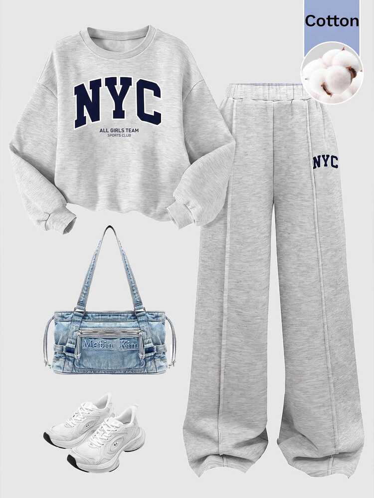 SHEIN Girlism Tween Girl Autumn/Winter Casual Thick Sweatshirt Set, New York City Print, Loose Round Neck, Dropped Shoulder, Long Sleeve Pullover, Matching Print Toothpick Pleated Wide Leg Straight Sweatpants, 2-Piece Sporty Sweatshirt Set, Heather Gray - Grey - View 3