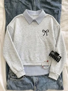 SHEIN Kids Tween Girls Striped Patchwork Tween Girl Bow Print Autumn Sweatshirt - Grey - View 2