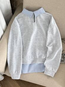 SHEIN Kids Tween Girls Striped Patchwork Tween Girl Bow Print Autumn Sweatshirt - Grey - View 5