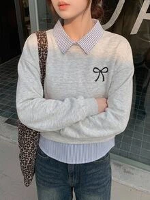 SHEIN Kids Tween Girls Striped Patchwork Tween Girl Bow Print Autumn Sweatshirt - Grey - View 3
