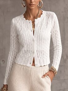 SHEIN Women's Crew Neck Hollow Front Button Cardigan Knit Sweater Fall Winter Cloth For Women - White - View 10