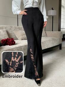Modelyn Women's Elegant Mesh Embroidery Patchwork Slim Fit Draped Flare Pants, Autumn New Arrival - Black - View 5