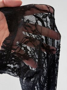 Viva Relle Gaun Hitam Panjang Ukuran Plus dengan Patchwork Renda, Bahu Terbuka, Lengan Mengembang, Pinggang Diikat, Gaun Hitam Pendek untuk Musim Gugur - Hitam - View 9