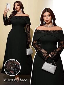 Viva Relle Gaun Hitam Panjang Ukuran Plus dengan Patchwork Renda, Bahu Terbuka, Lengan Mengembang, Pinggang Diikat, Gaun Hitam Pendek untuk Musim Gugur - Hitam - View 1