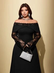 Viva Relle Gaun Hitam Panjang Ukuran Plus dengan Patchwork Renda, Bahu Terbuka, Lengan Mengembang, Pinggang Diikat, Gaun Hitam Pendek untuk Musim Gugur - Hitam - View 4