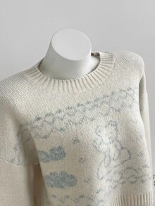 Elamini Y2K Women's Pullover Knit Sweater, Cute Bear Jacquard Pattern Top, Autumn/Winter Short Length Long Sleeve Versatile Blouse - White - View 6