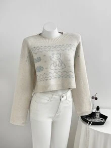 Elamini Y2K Women's Pullover Knit Sweater, Cute Bear Jacquard Pattern Top, Autumn/Winter Short Length Long Sleeve Versatile Blouse - White - View 1