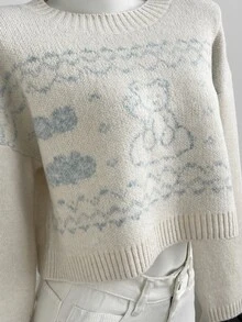 Elamini Y2K Women's Pullover Knit Sweater, Cute Bear Jacquard Pattern Top, Autumn/Winter Short Length Long Sleeve Versatile Blouse - White - View 3