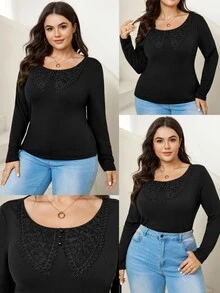 Comfylo Plus Contrast Lace Scoop Neck Slim Fit Top - Black - View 1