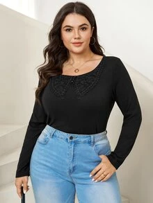 Comfylo Plus Contrast Lace Scoop Neck Slim Fit Top - Black - View 6