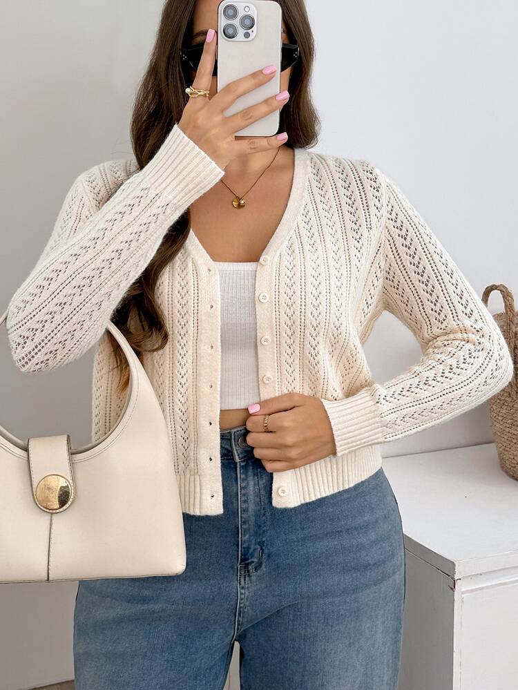 SHEIN LUNE Plus Size Women's Solid Color Casual Baggy Elegant Traditional Versatile Daily Wear Cardigan Office Formal White Autumn Fall - Apricot - View 5