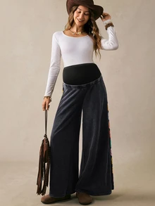 Boho Mama Celana Hamil dengan Pengait Samping, Motif Bunga, Pinggang Dapat Diatur, dan Potongan Lebar. - Grey - View 9