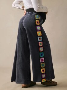 Boho Mama Celana Hamil dengan Pengait Samping, Motif Bunga, Pinggang Dapat Diatur, dan Potongan Lebar. - Grey - View 2