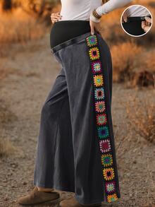 Boho Mama Celana Hamil dengan Pengait Samping, Motif Bunga, Pinggang Dapat Diatur, dan Potongan Lebar. - Grey - View 1