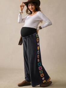 Boho Mama Celana Hamil dengan Pengait Samping, Motif Bunga, Pinggang Dapat Diatur, dan Potongan Lebar. - Grey - View 6