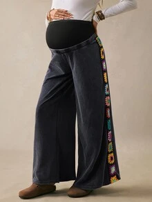 Boho Mama Celana Hamil dengan Pengait Samping, Motif Bunga, Pinggang Dapat Diatur, dan Potongan Lebar. - Grey - View 8
