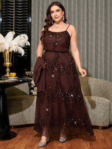 Reflora Plus Size Women's Shiny Spaghetti Strap Dress And Solid Color Cardigan Casual Everyday 2-Piece Set Fall - Brown - View 7